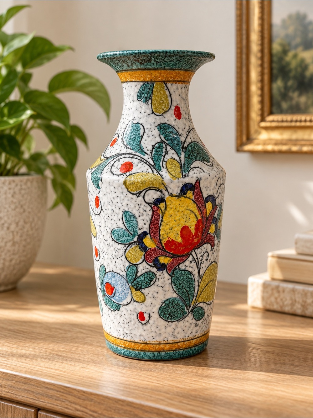 Vintage Hand Painted Ceramic Vase – Floral Art Pottery – Mid Century Style